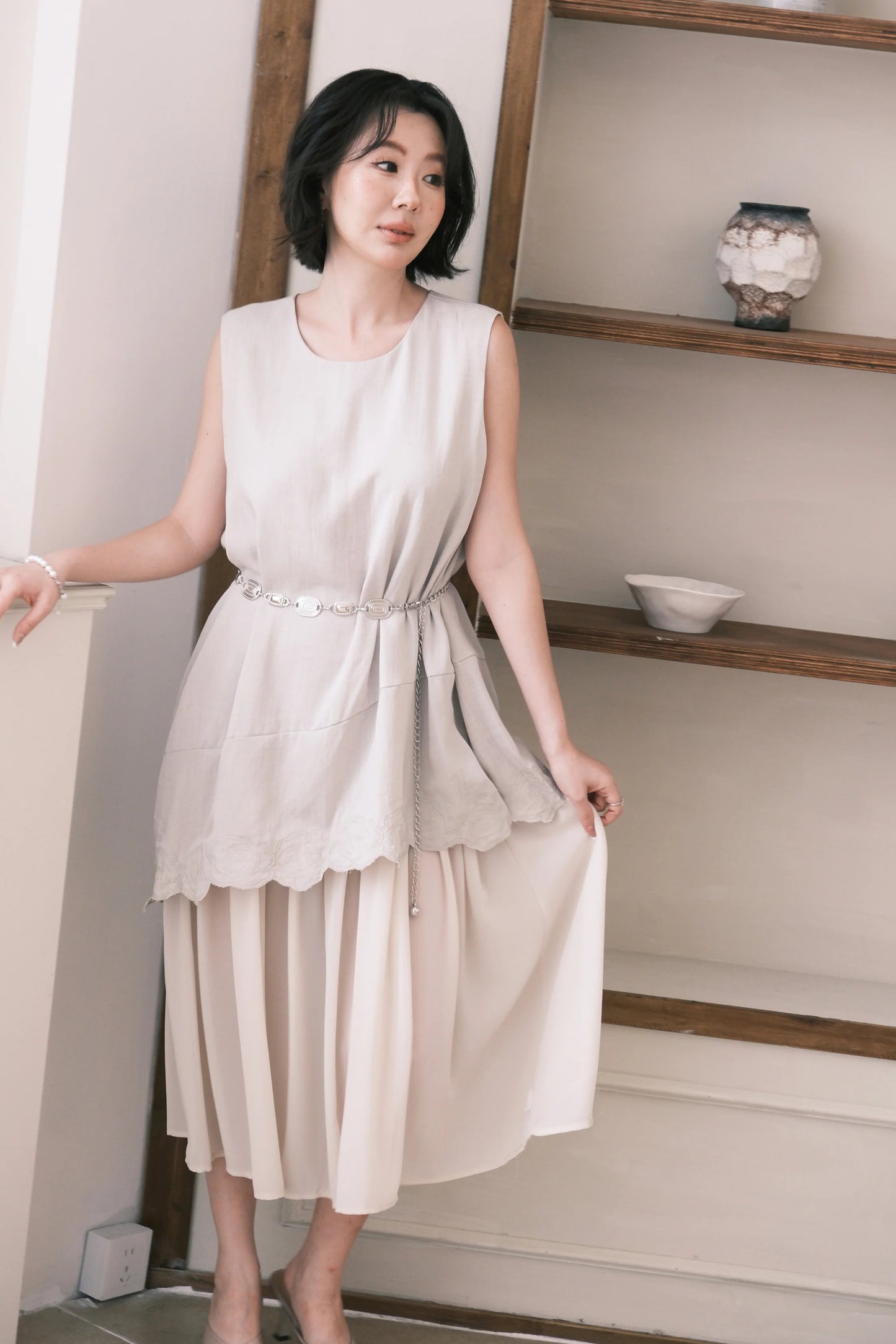 Rosalie Embroidered Layered Maxi Dress in Oatmeal