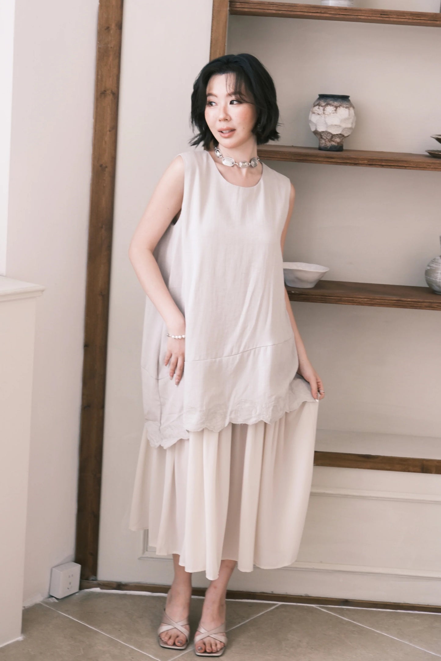 Rosalie Embroidered Layered Maxi Dress in Oatmeal