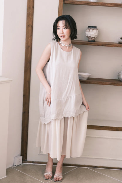 Rosalie Embroidered Layered Maxi Dress in Oatmeal