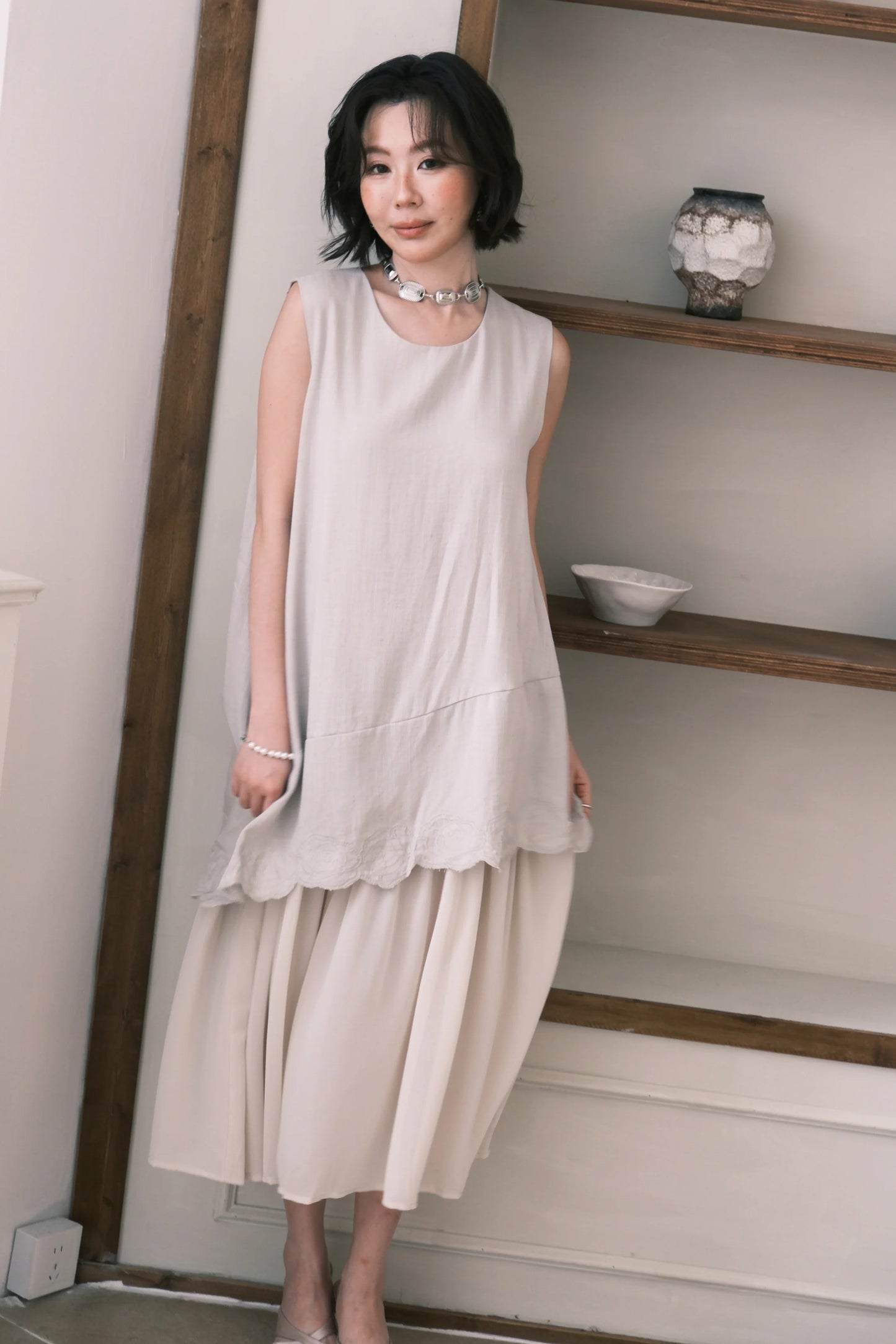 Rosalie Embroidered Layered Maxi Dress in Oatmeal