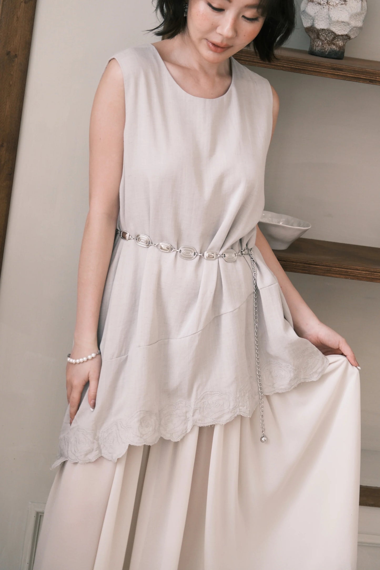 Rosalie Embroidered Layered Maxi Dress in Oatmeal