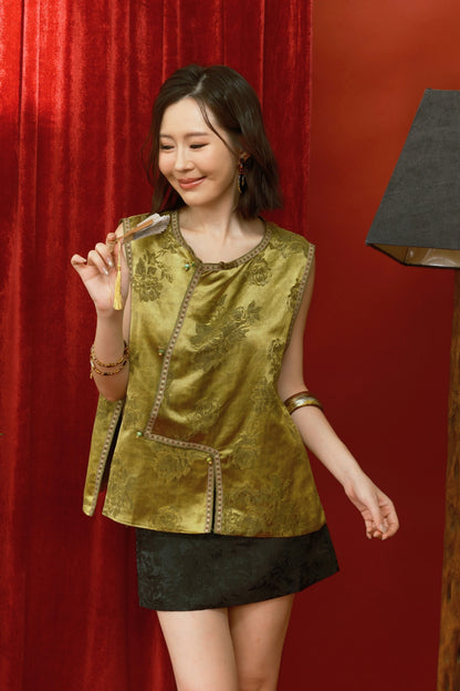 Jade Peony Silk Brocade Mandarin Vest in Green