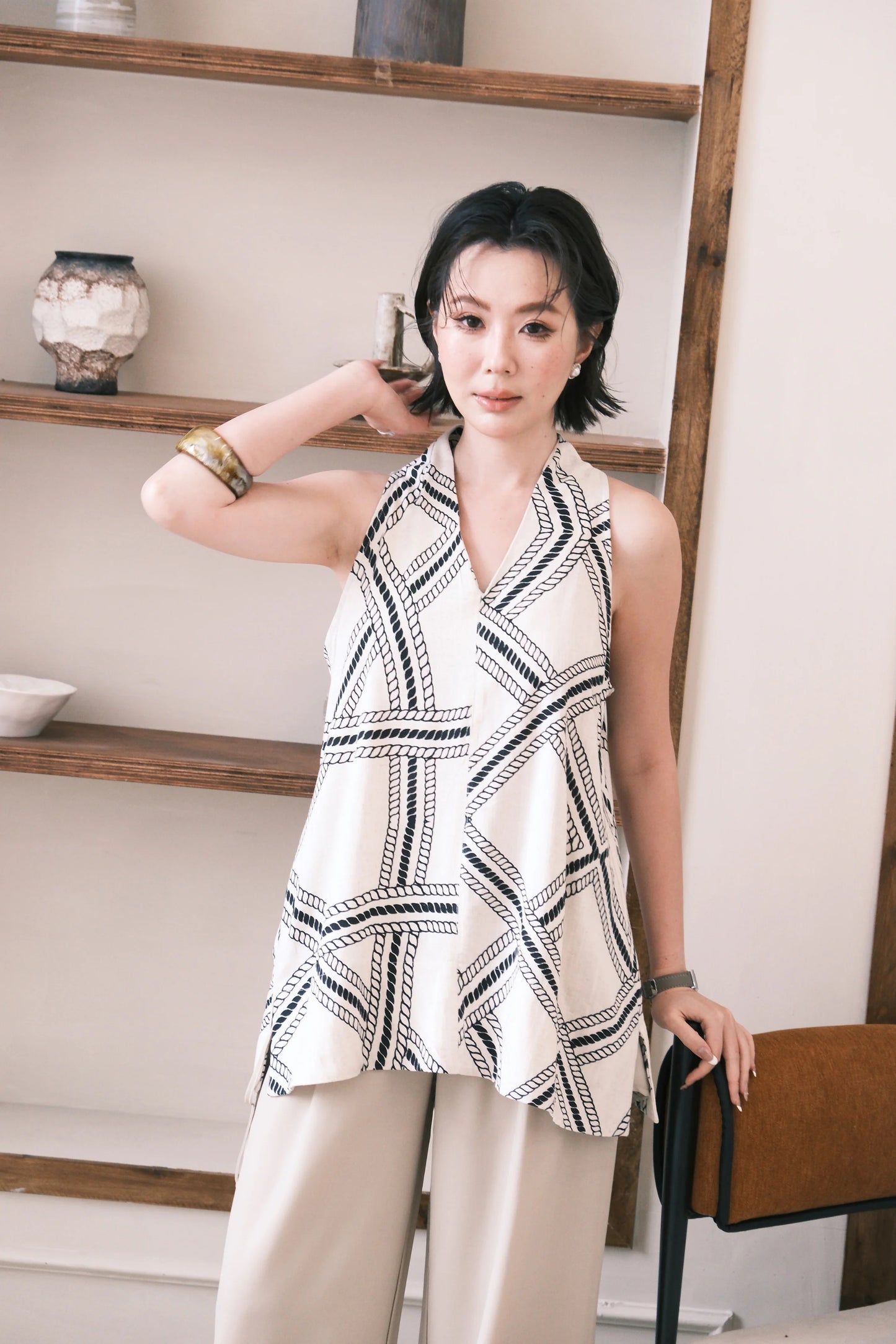 Noelle Scarf Linen Top in Cream