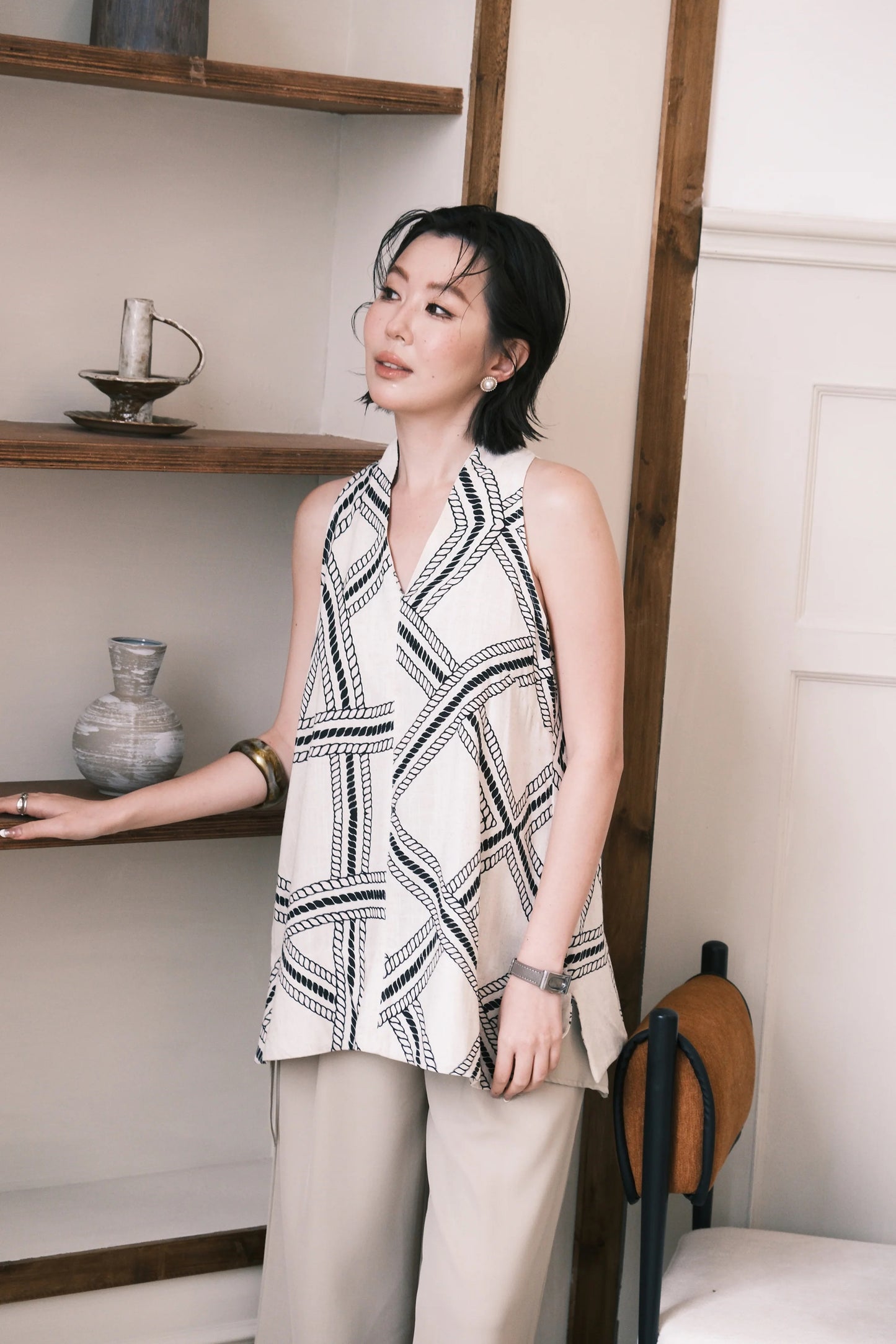 Noelle Scarf Linen Top in Cream