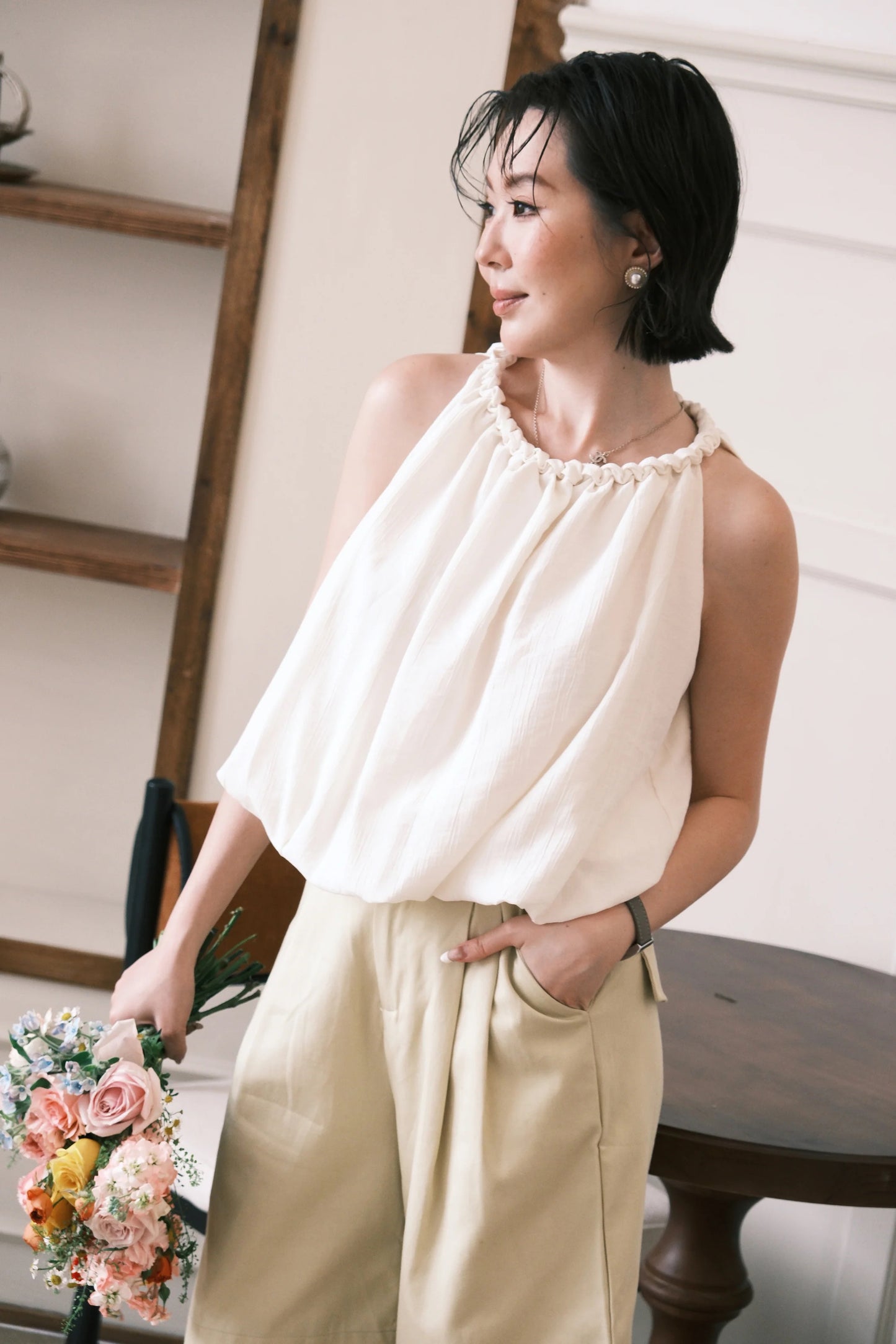 Elara Gathered Top in Cream