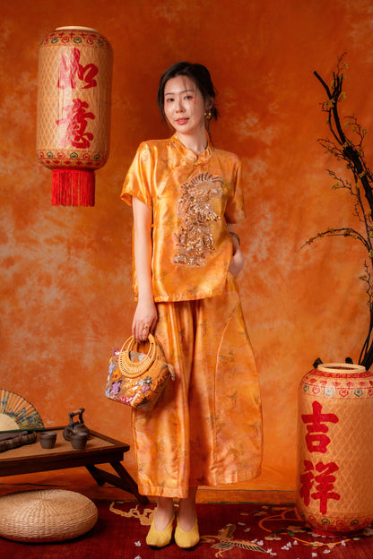 Petra Golden Cheongsam Top and Pants Set