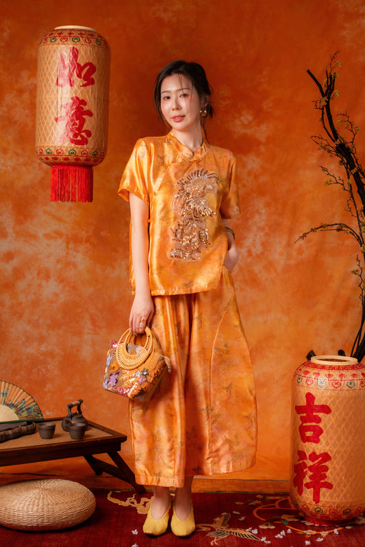 Petra Golden Cheongsam Top and Pants Set