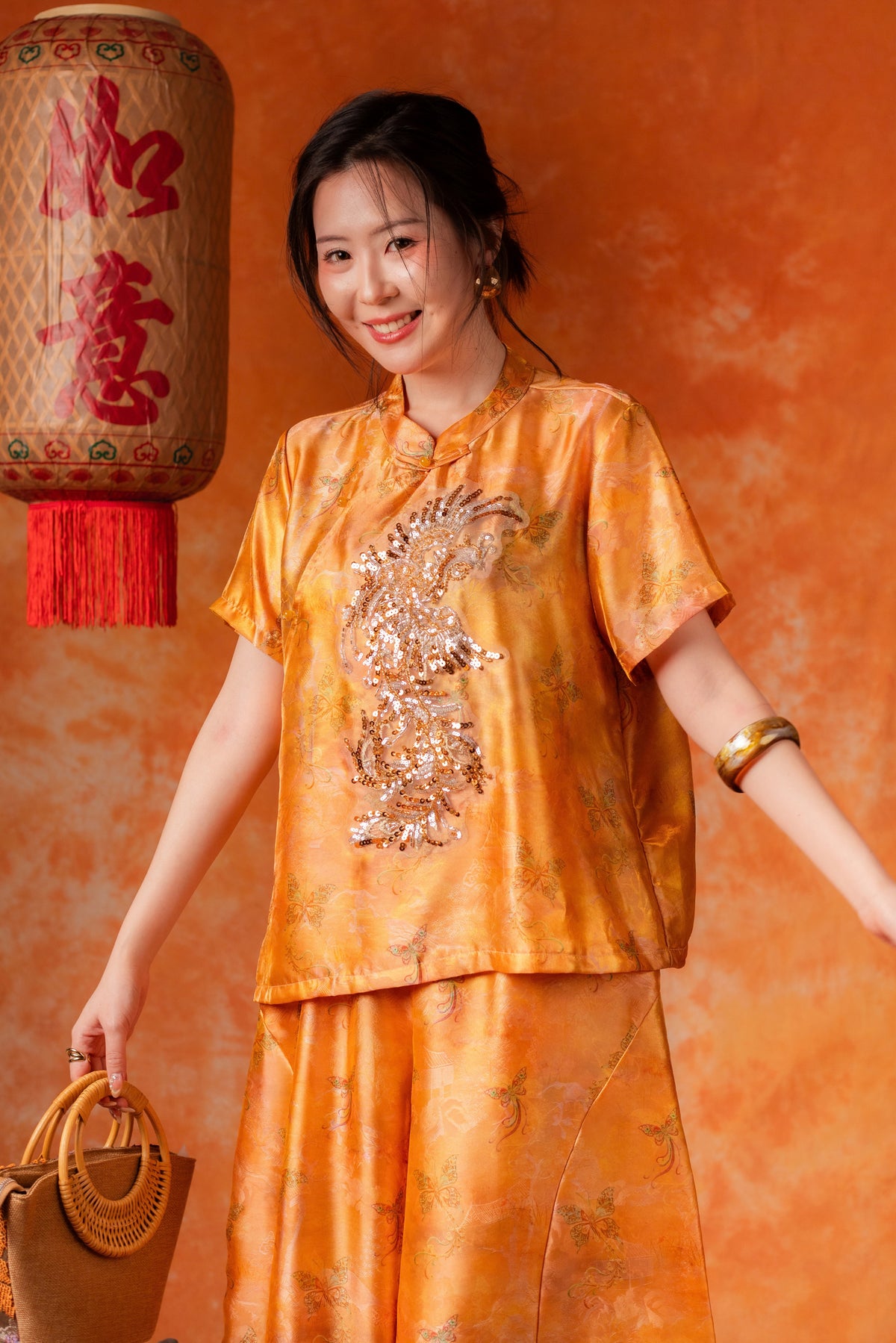 Petra Golden Cheongsam Top and Pants Set