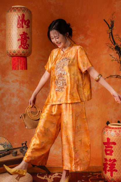Petra Golden Cheongsam Top and Pants Set