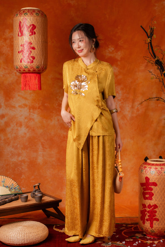Ingrid Damask Cheongsam Top and Pants Set