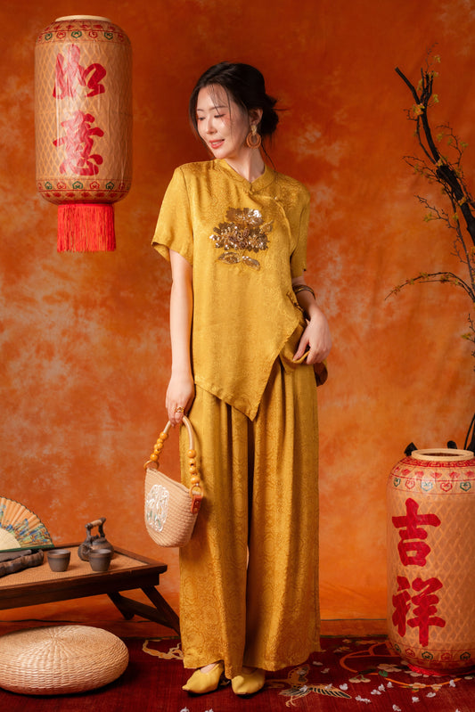 Ingrid Damask Cheongsam Top and Pants Set