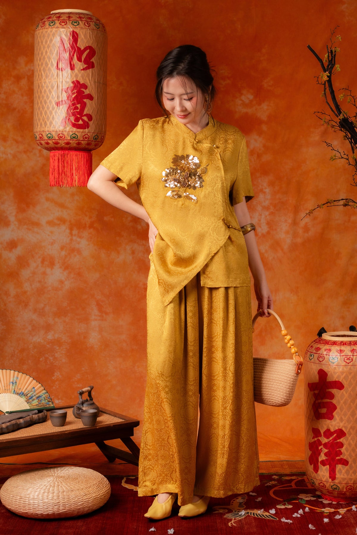 Ingrid Damask Cheongsam Top and Pants Set