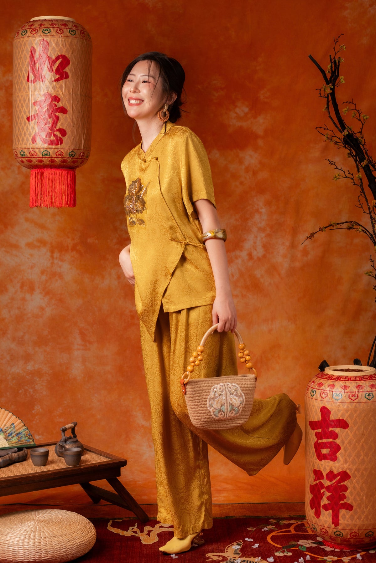 Ingrid Damask Cheongsam Top and Pants Set