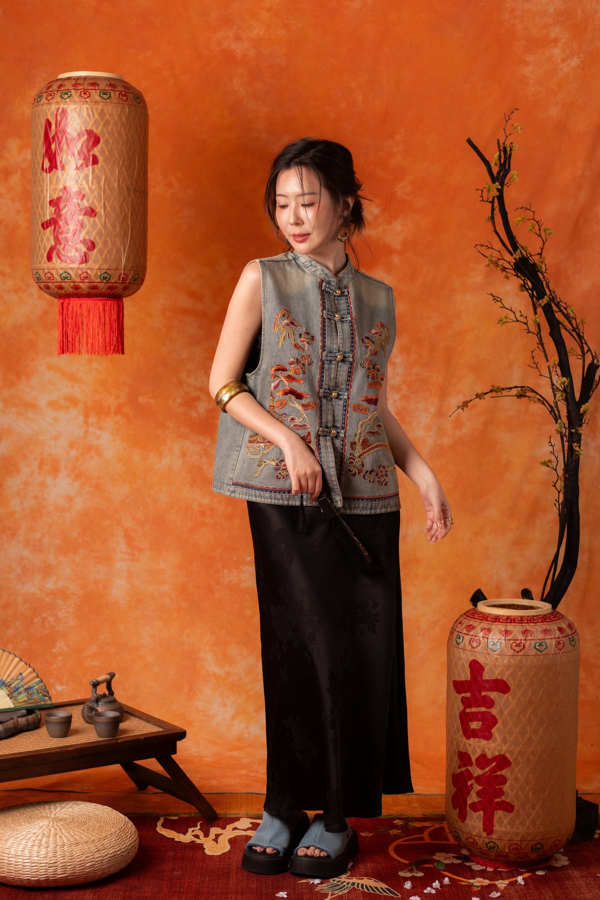 Celandine Embroidered Vest in Denim Blue