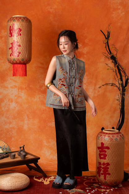 Celandine Embroidered Vest in Denim Blue