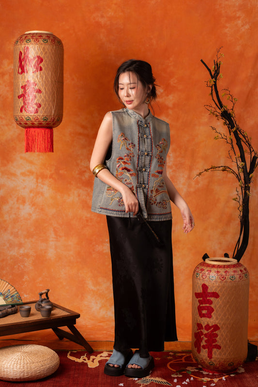 Celandine Embroidered Vest in Denim Blue