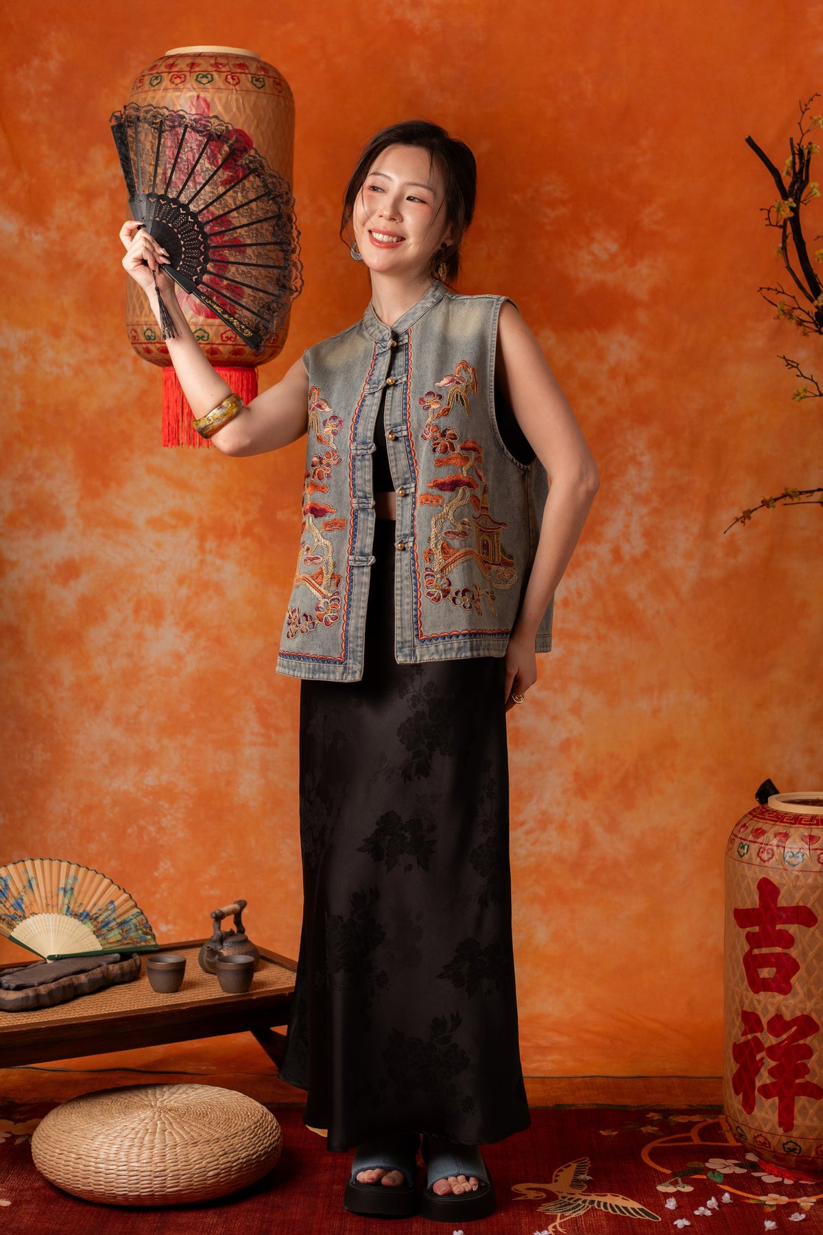 Celandine Embroidered Vest in Denim Blue