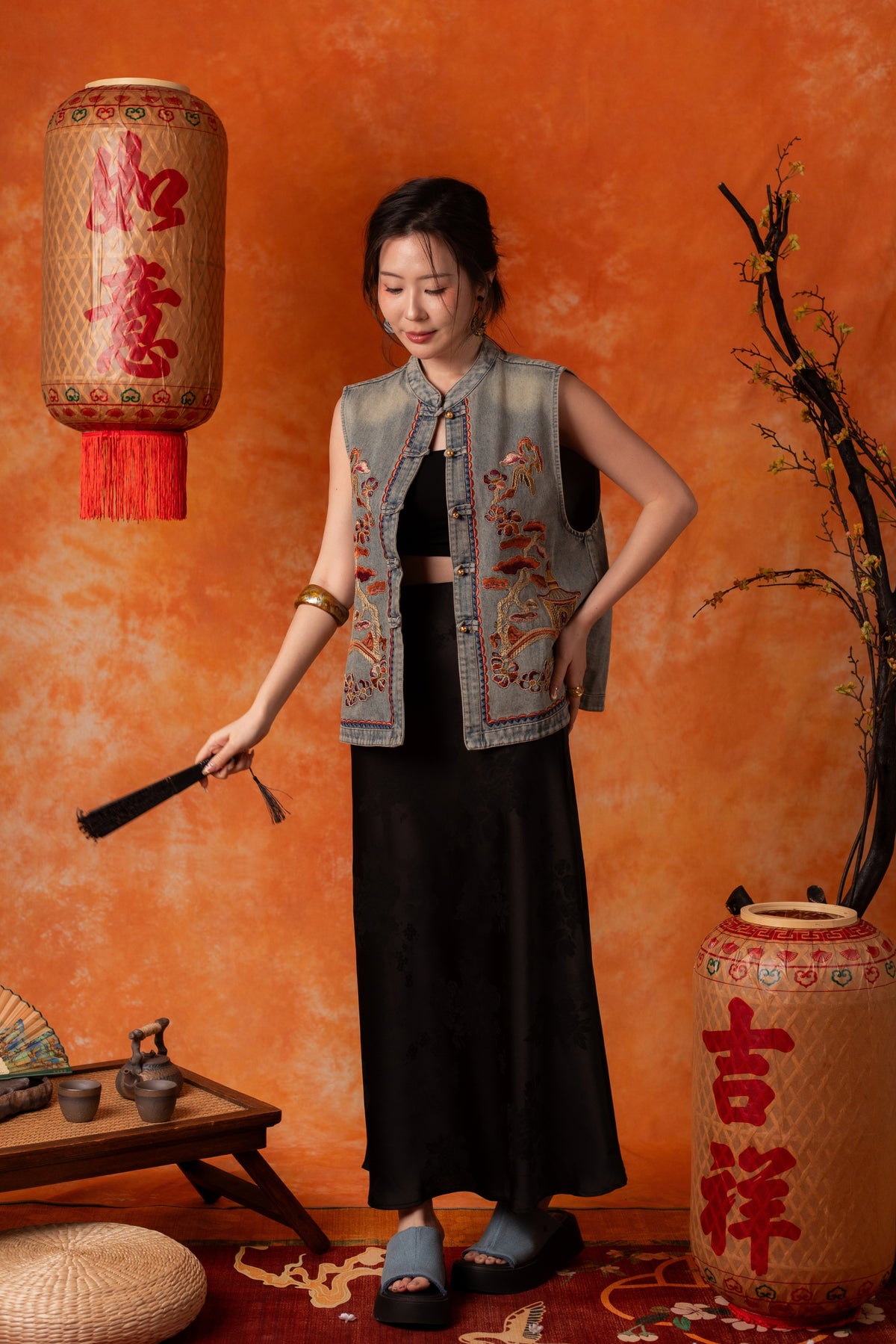 Celandine Embroidered Vest in Denim Blue
