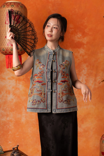 Celandine Embroidered Vest in Denim Blue