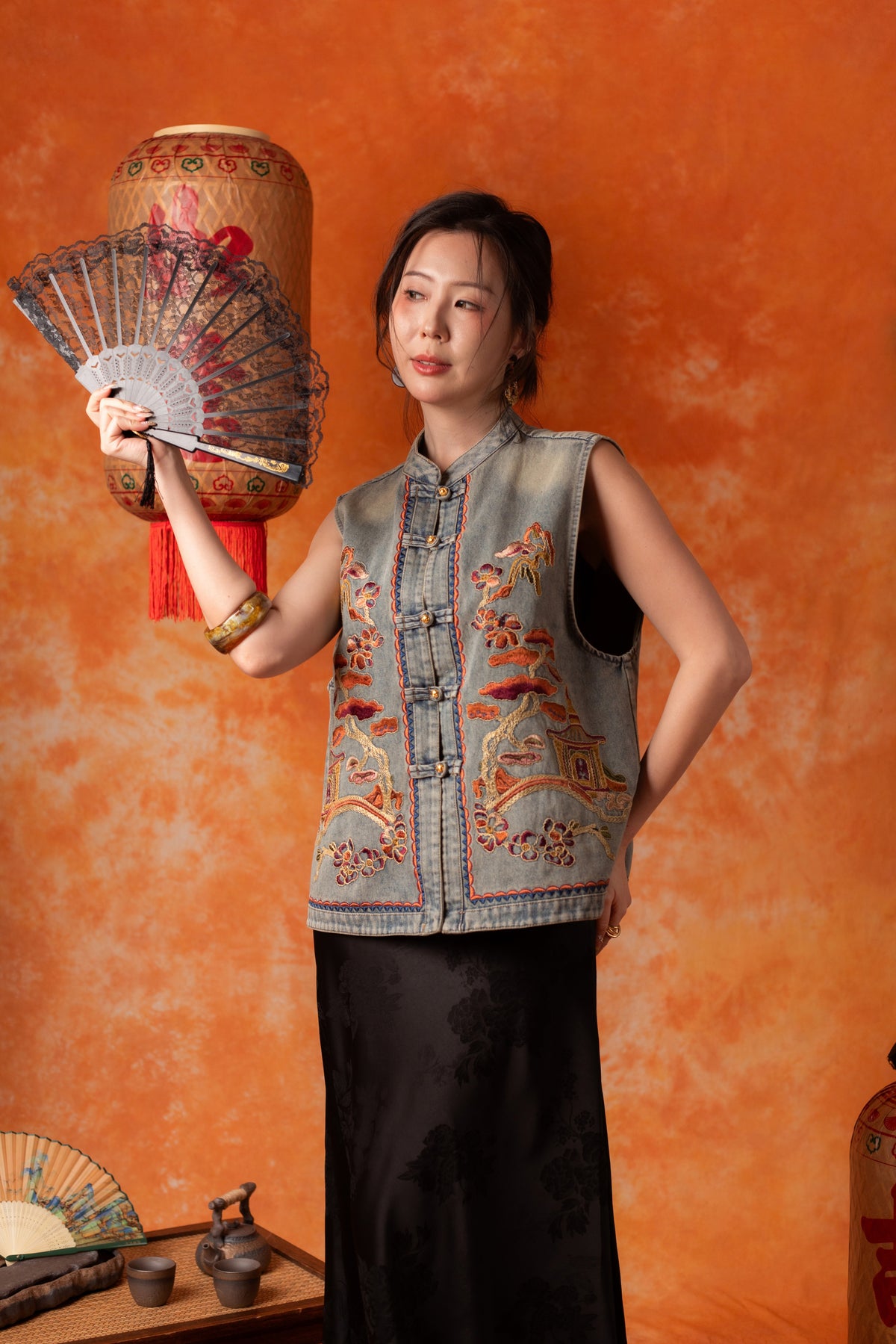 Celandine Embroidered Vest in Denim Blue