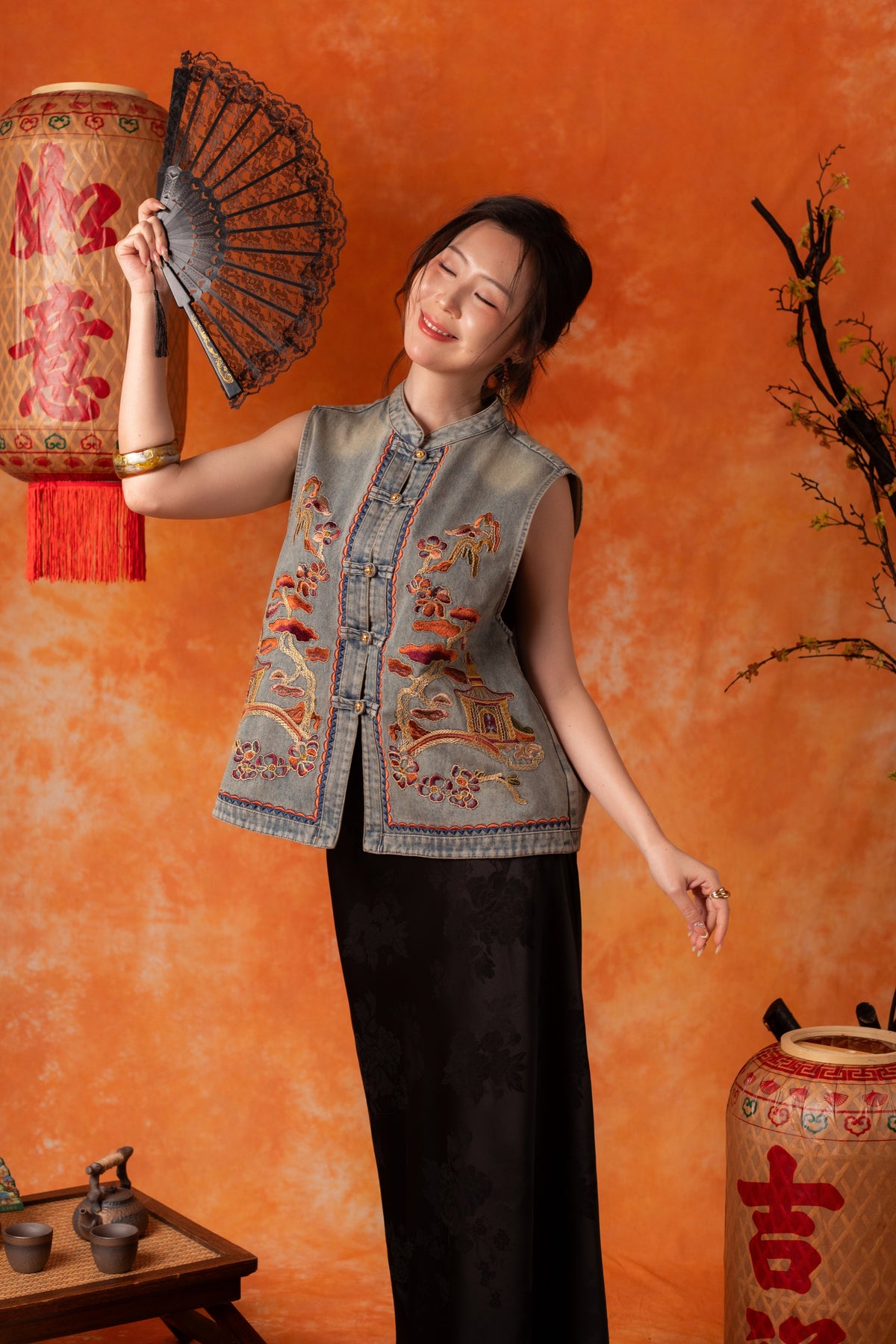 Celandine Embroidered Vest in Denim Blue