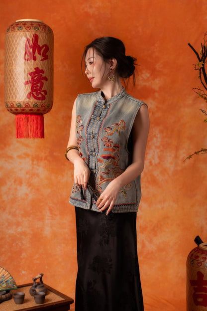 Celandine Embroidered Vest in Denim Blue