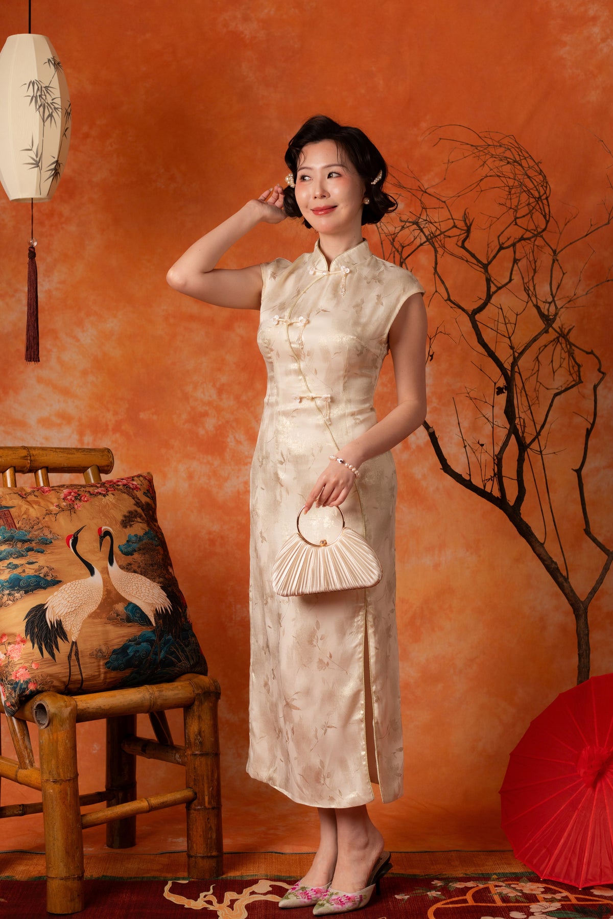 Sunniva Pearl Cheongsam Dress in Pale Sage