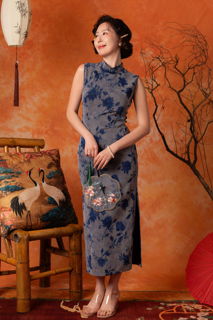 Eluned Peony Cheongsam Dress in Blue
