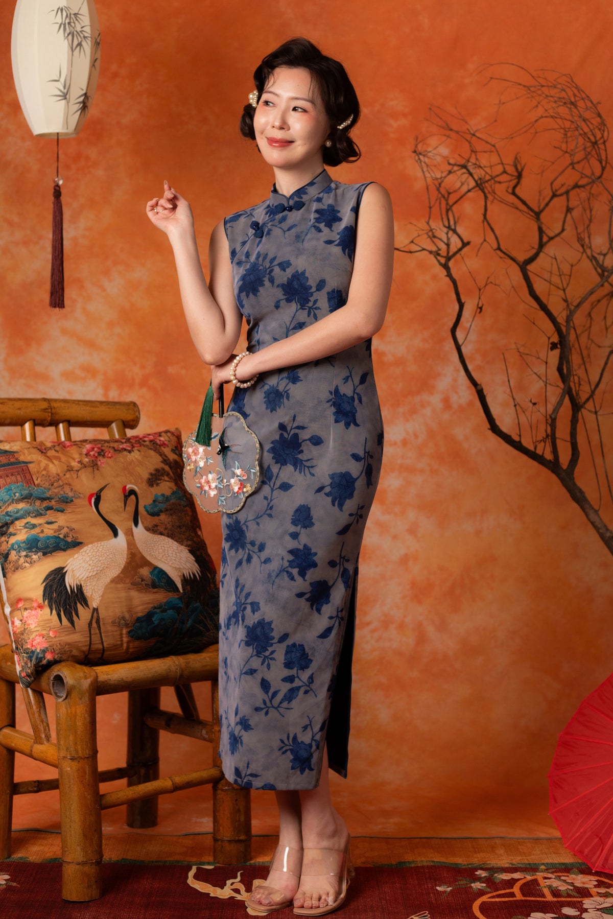 Eluned Peony Cheongsam Dress in Blue