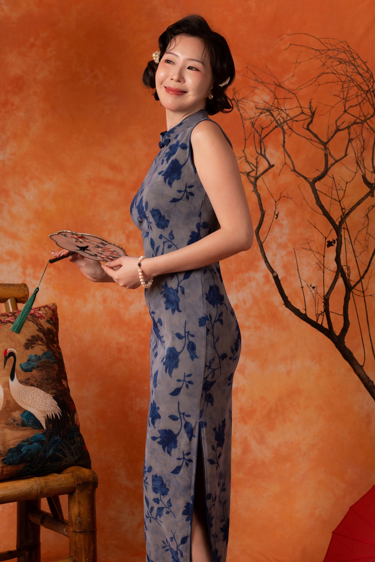 Eluned Peony Cheongsam Dress in Blue