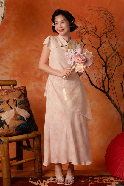 Amandine Lace Cheongsam Dress in Blush Pink