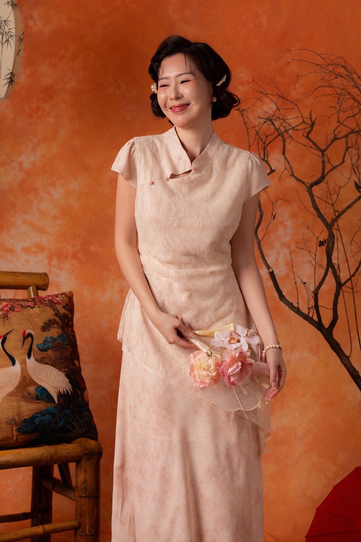 Amandine Lace Cheongsam Dress in Blush Pink