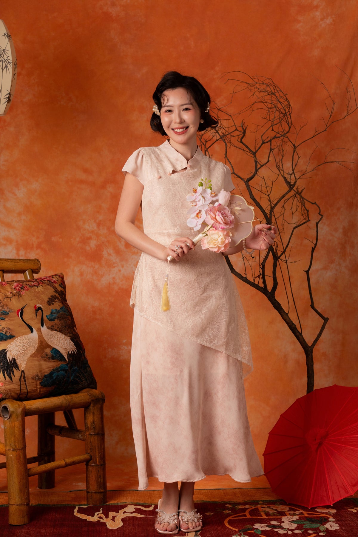 Amandine Lace Cheongsam Dress in Blush Pink