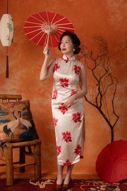 Scarlet Dot Backless Cheongsam Dress in Ivory