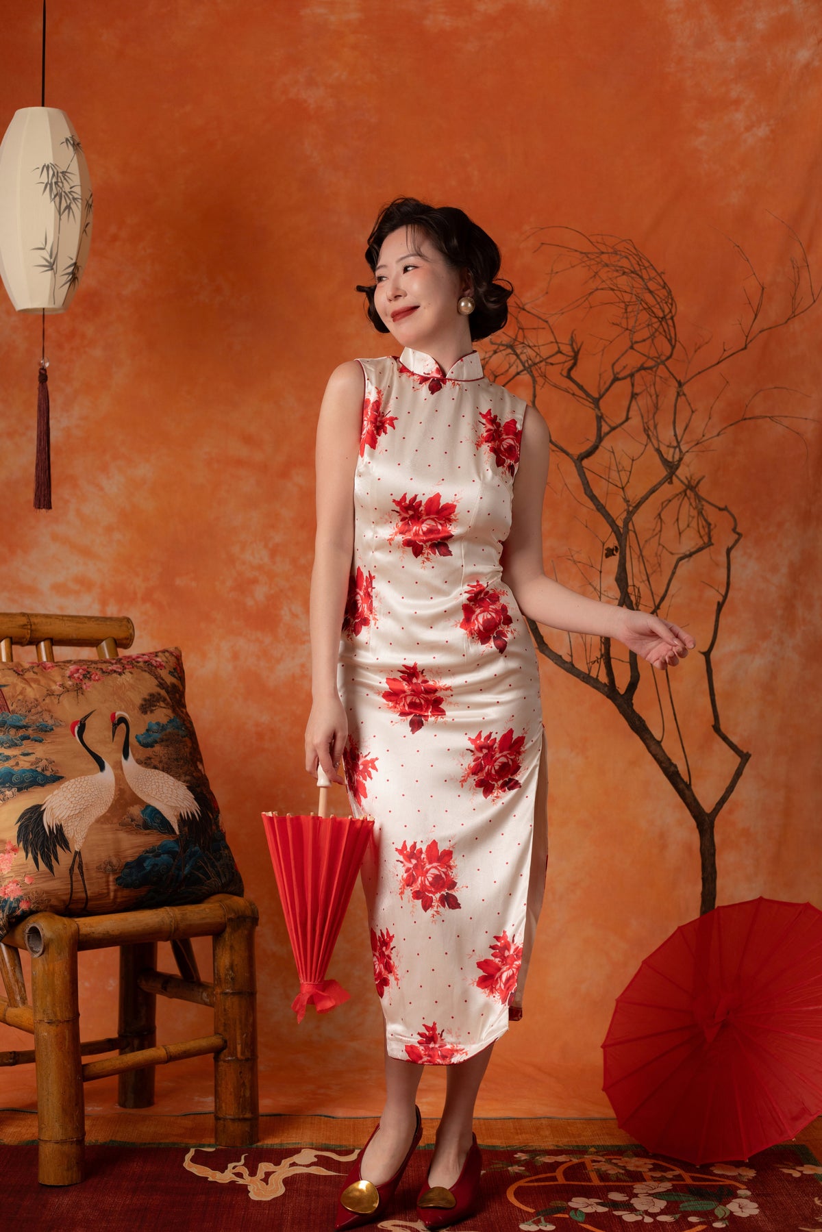Scarlet Dot Backless Cheongsam Dress in Ivory