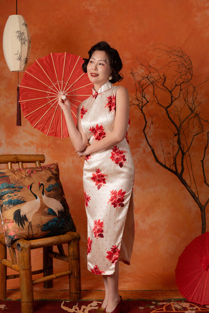 Scarlet Dot Backless Cheongsam Dress in Ivory