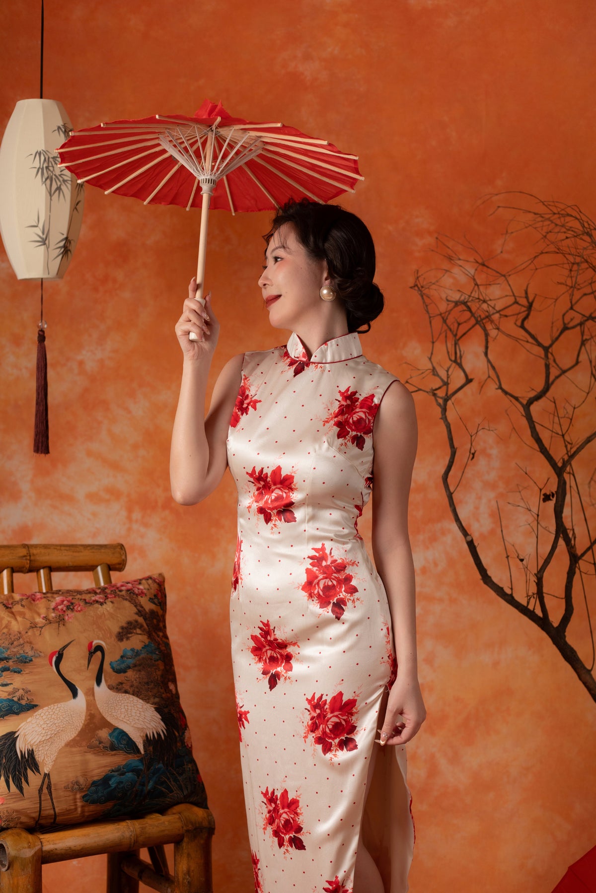 Scarlet Dot Backless Cheongsam Dress in Ivory