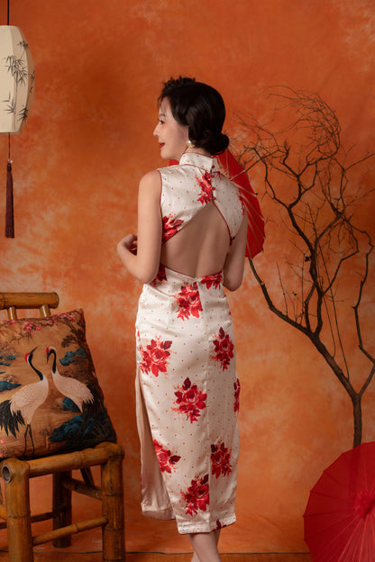 Scarlet Dot Backless Cheongsam Dress in Ivory
