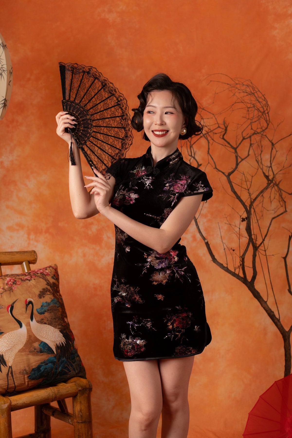 Aveline Velvet Peony Cheongsam Dress in Black