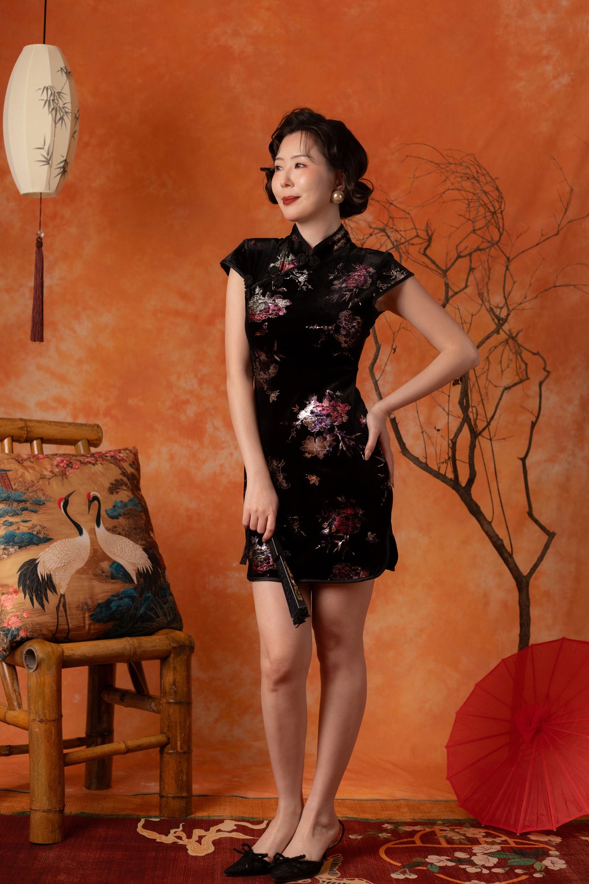 Aveline Velvet Peony Cheongsam Dress in Black