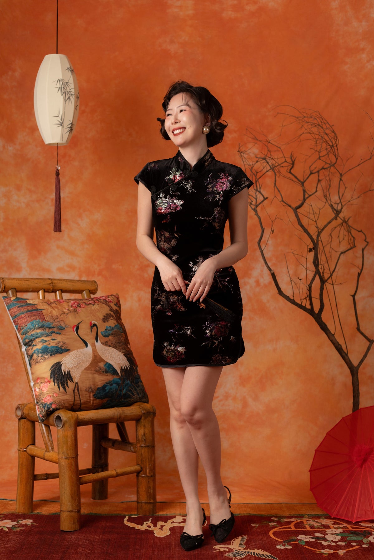 Aveline Velvet Peony Cheongsam Dress in Black