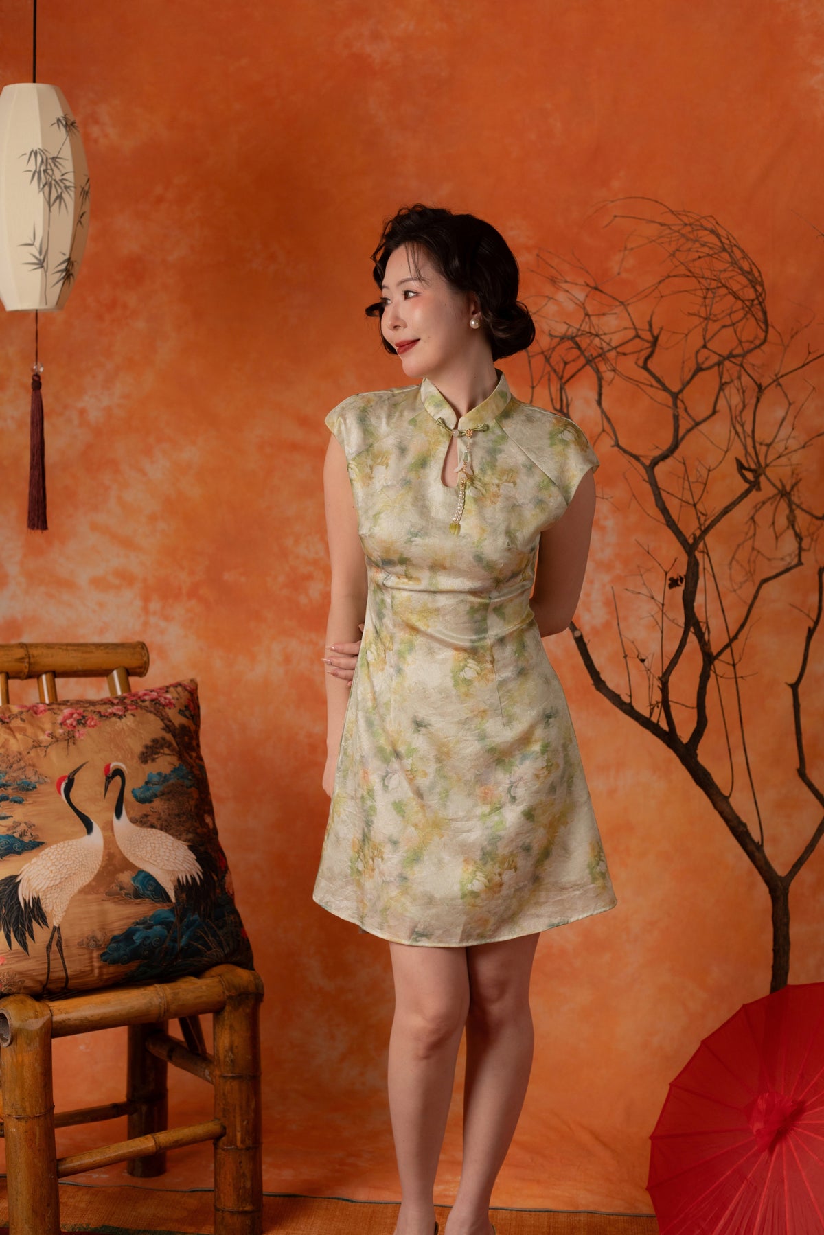 Oriana Watercolour Cheongsam Dress in Sage