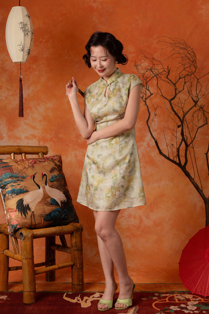 Oriana Watercolour Cheongsam Dress in Sage