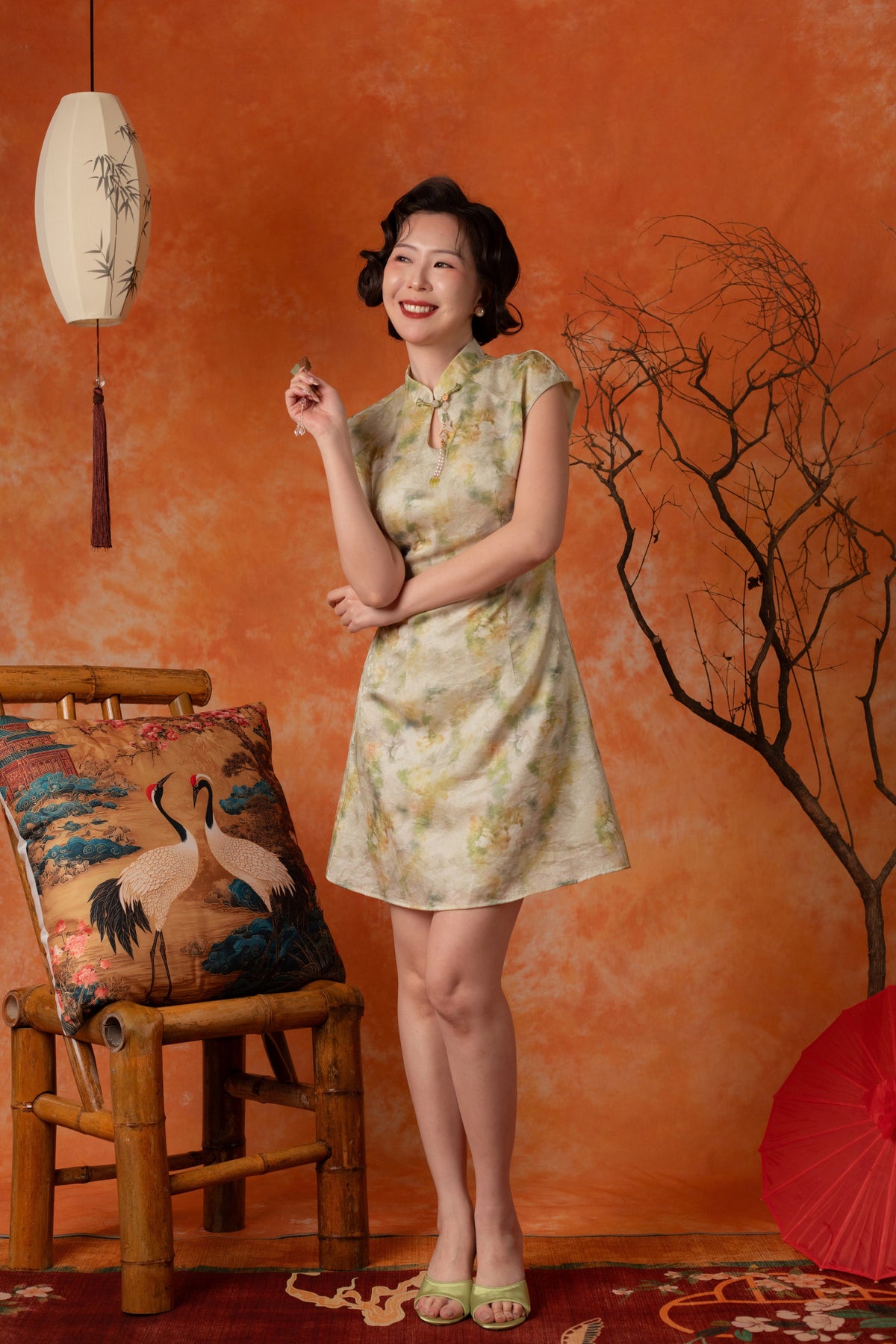 Oriana Watercolour Cheongsam Dress in Sage