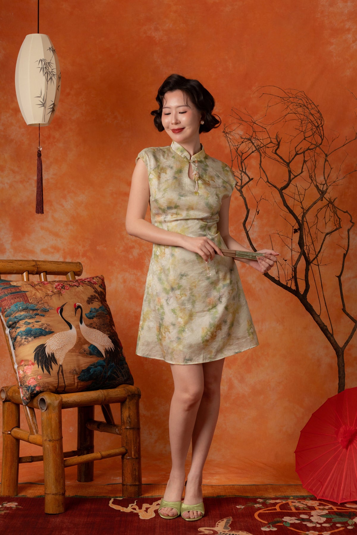 Oriana Watercolour Cheongsam Dress in Sage