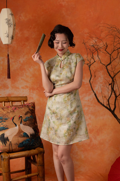 Oriana Watercolour Cheongsam Dress in Sage