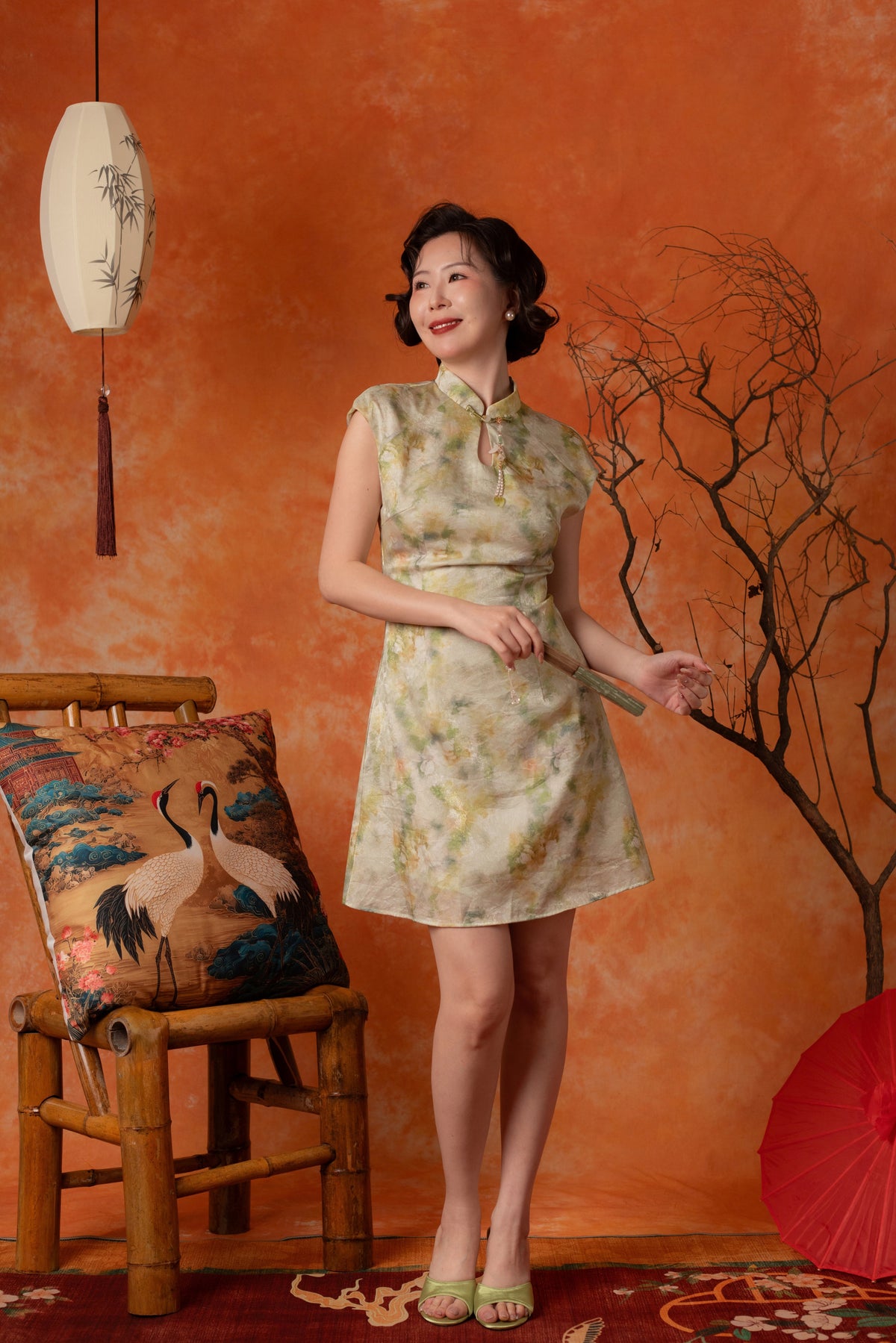 Oriana Watercolour Cheongsam Dress in Sage