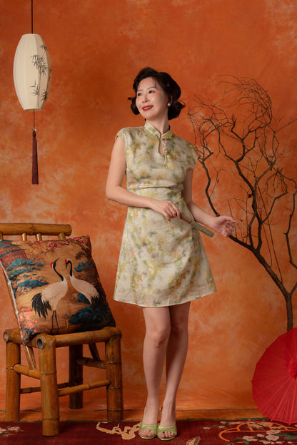 Oriana Watercolour Cheongsam Dress in Sage