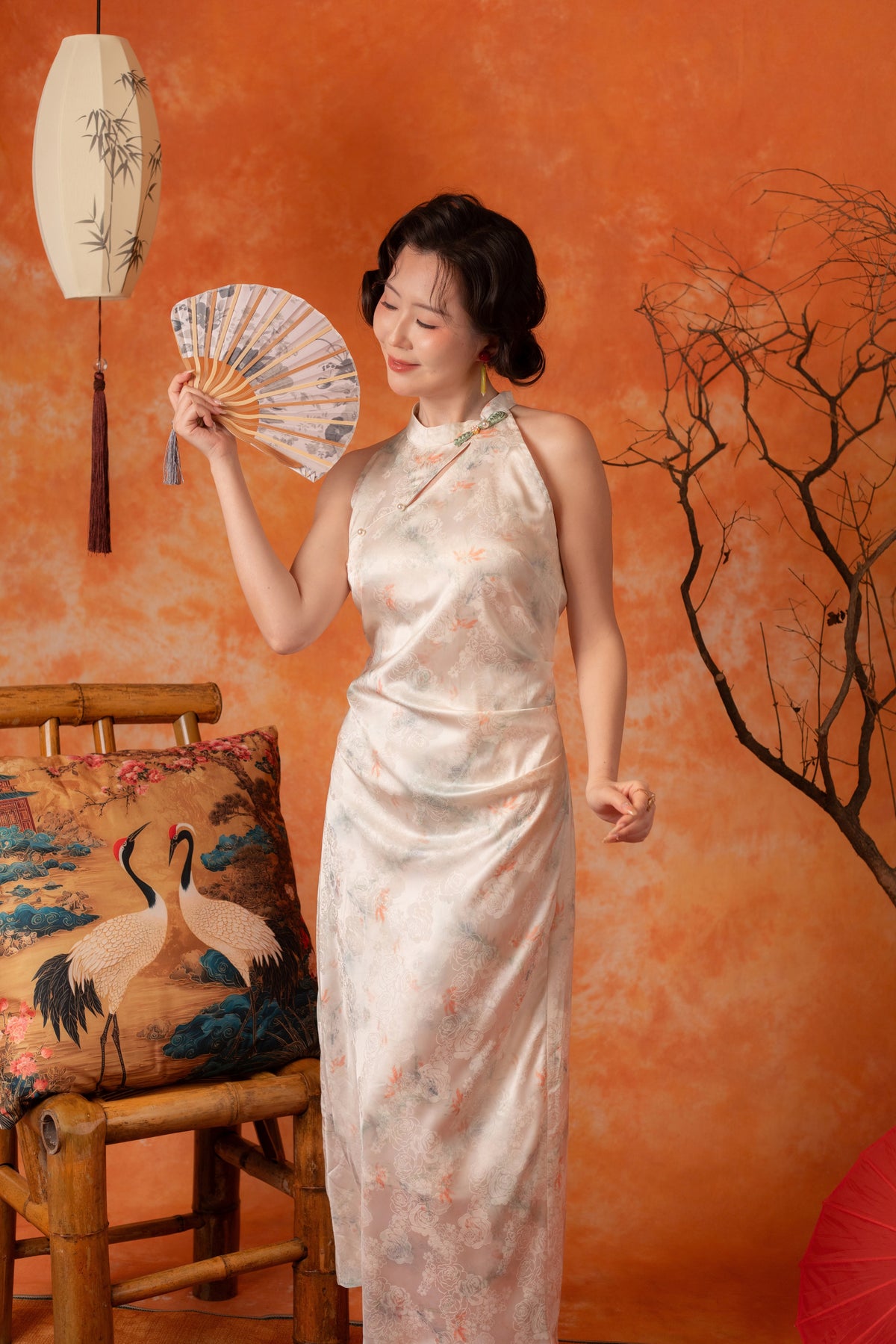 Oriana Crane Cheongsam Dress in Pearl White