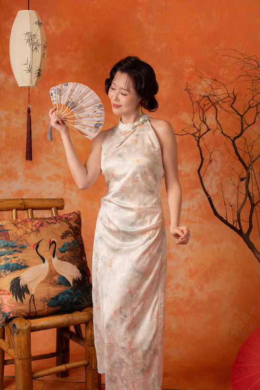 Oriana Crane Cheongsam Dress in Pearl White